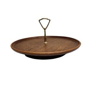 Mid Century Faux Wood Tidbit Tray Vintage Lazy Susan 13" W/ Gold Colored Handle